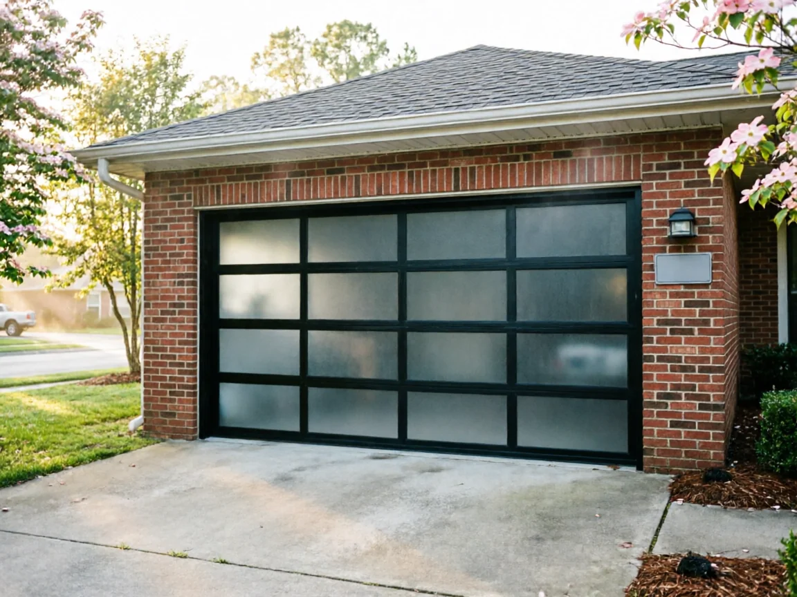 A modern garage door with frosted glass panels is on a brick house.
