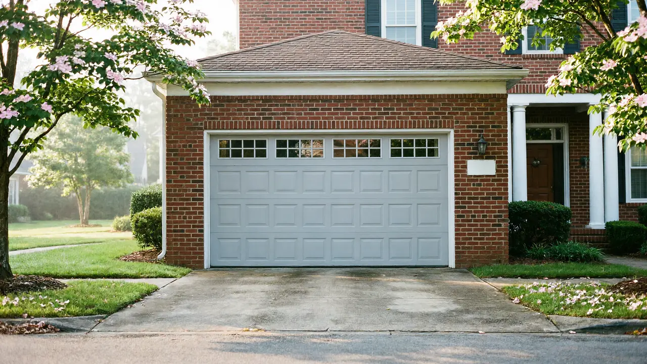 Installer fitting a white garage door on a rustic barn-wood garage, panels stacked on the gravel