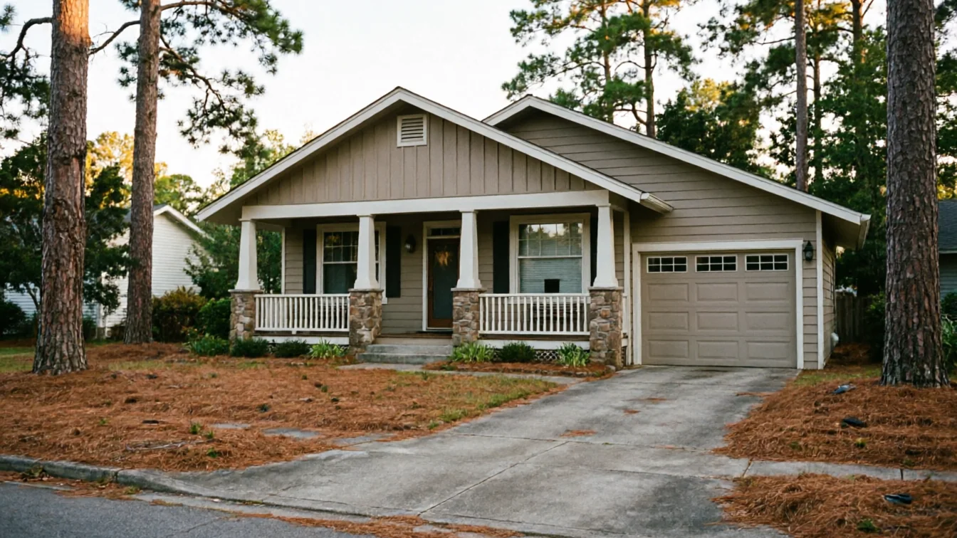 The house has a tan garage door with windows, a porch, and a driveway.
