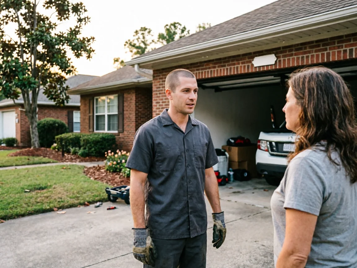 A technician talks to a woman in a driveway in front of a garage.