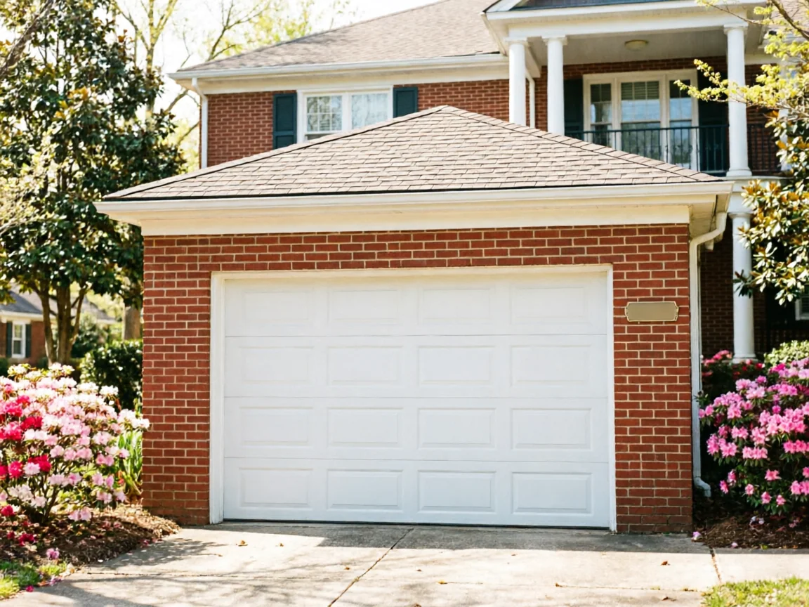 A white garage door on a brick house with flowering bushes.
